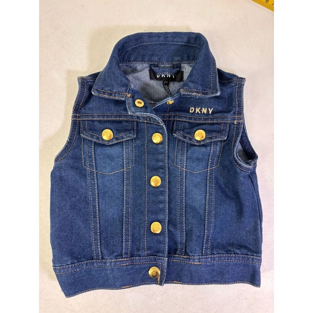 DKNY Girls Size 3T Denim Vest Jean Button Up Layering Pockets Gold Buttons